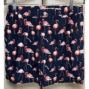 Mosmann Men's L Navy Pink Flamingo Swim Trunks Drawstring Elastic Waist Pockets